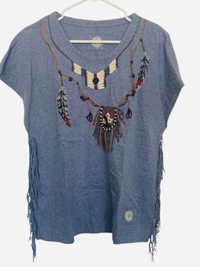 Double D Ranch Western Fringe Graphic Tee Top Blue Beaded Necklace Detail